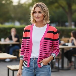 LOFT Pink Striped Cardigan Sweater Small